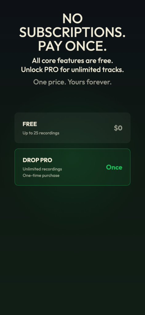Drop to Daw is free for 25 recordings and to Pro is one-time purchase